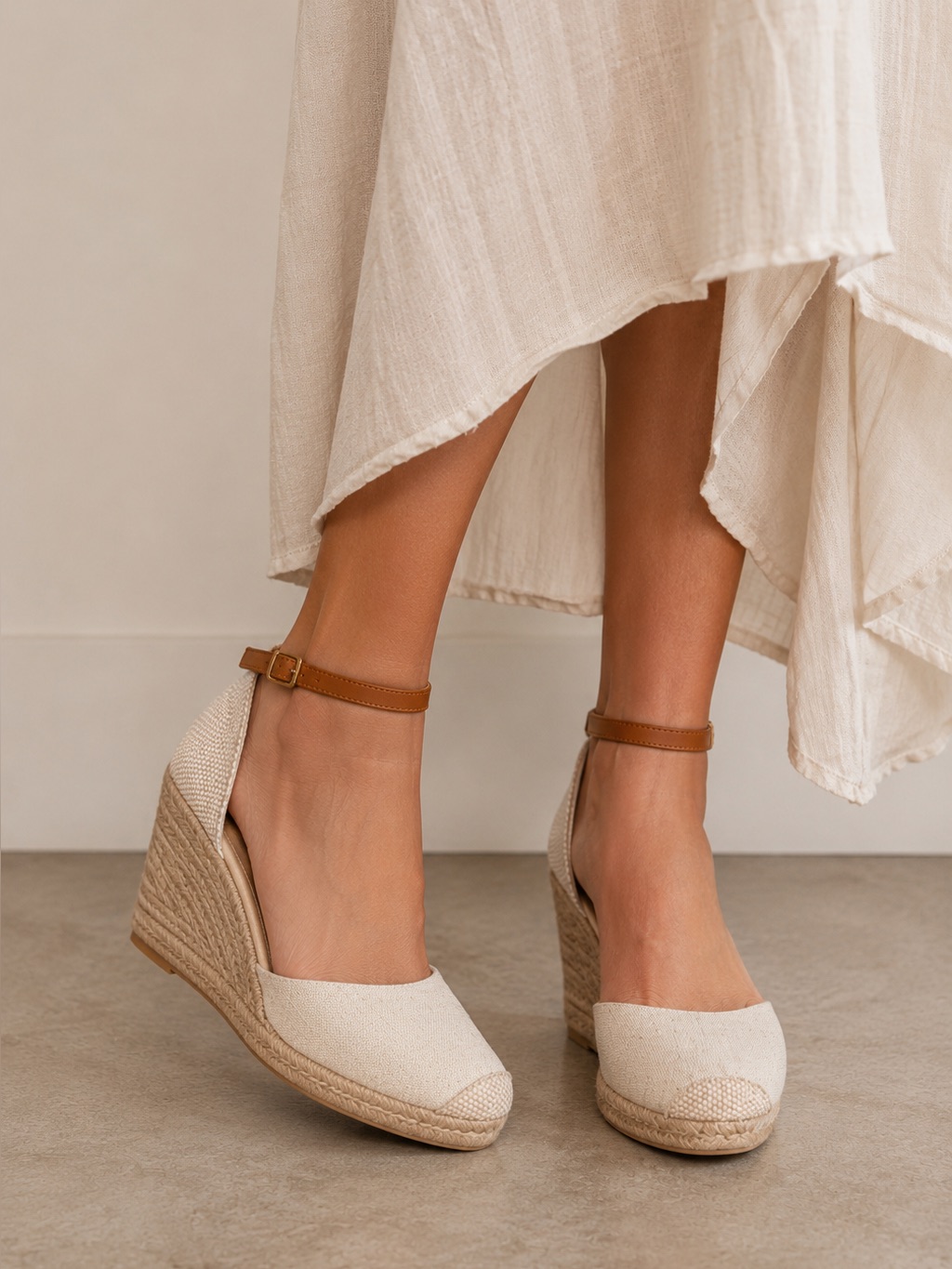 Croft & Barrow Linen Wedge Espadrille Sandals In Natural With Tan Ankle Strap 9.